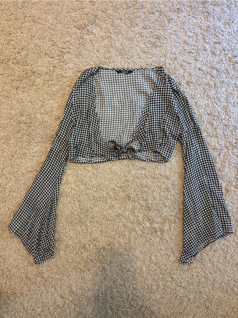 SHEIN Black and White Gingham Crop Top with Tie Front
